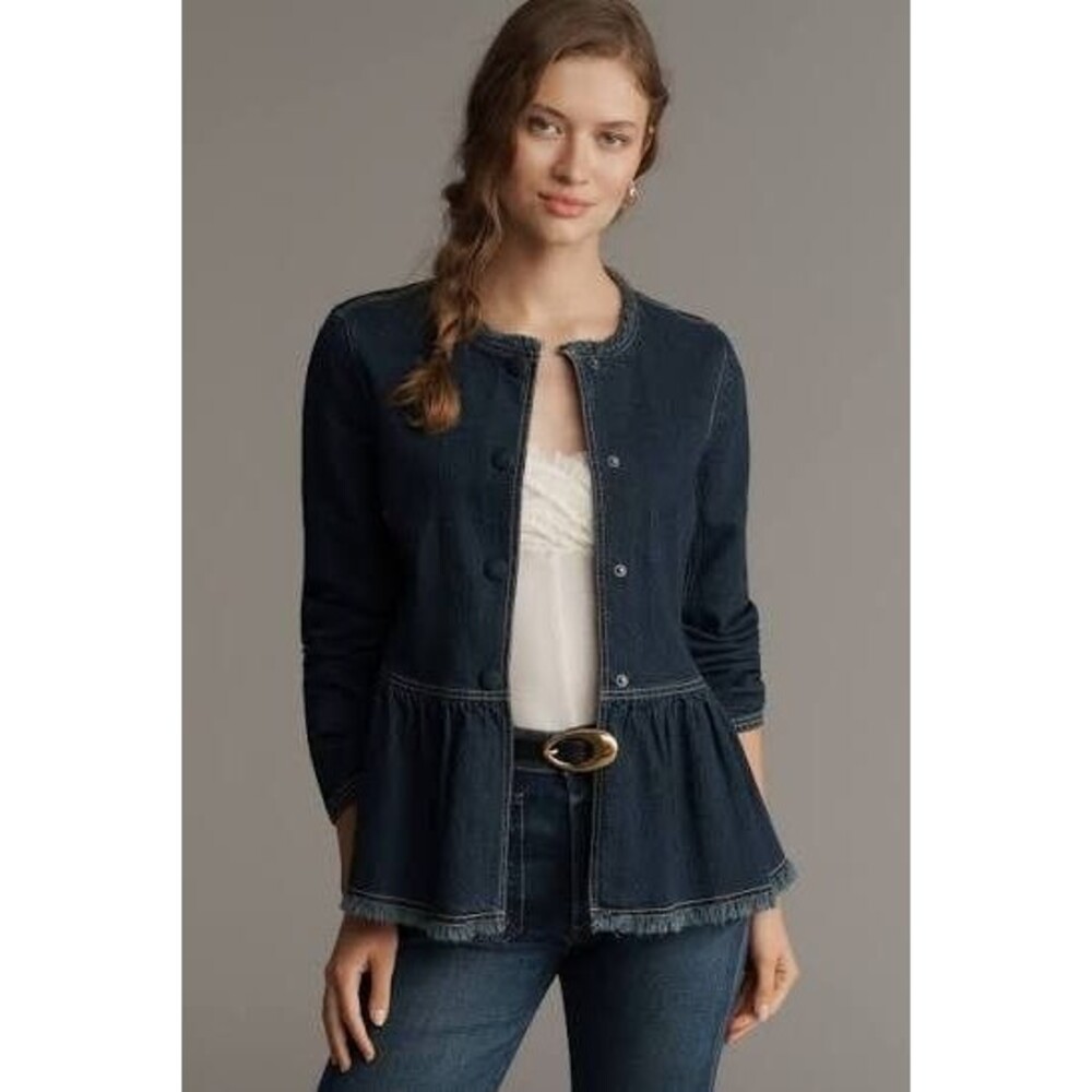 PILCRO Denim Collarless Peplum Jean Jacket Top Large P Frayed Edges Snap Closure